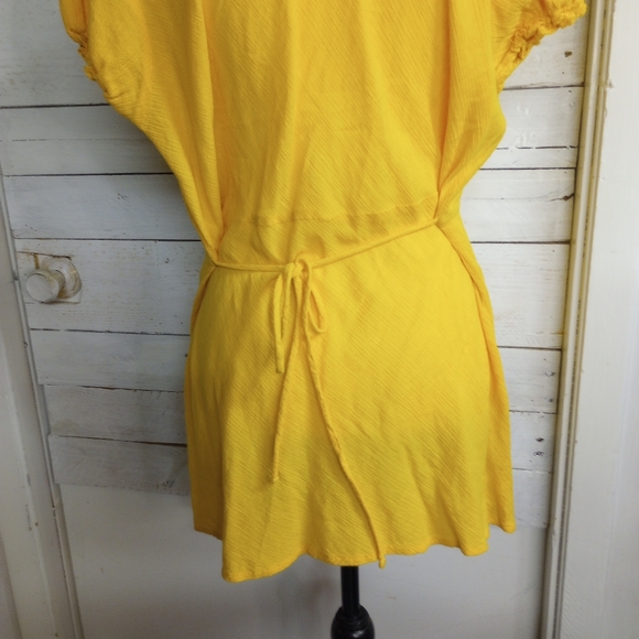 Ashley Stewart 1X Yellow Cotton Boho Tunic Top V-Neck Short Sleeve Blouse - Picture 7 of 13